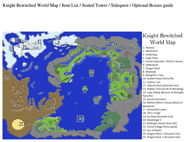 Knight Bewitched - World Map / Item List / Sealed Tower / Sidequest / Optional Bosses Guide
